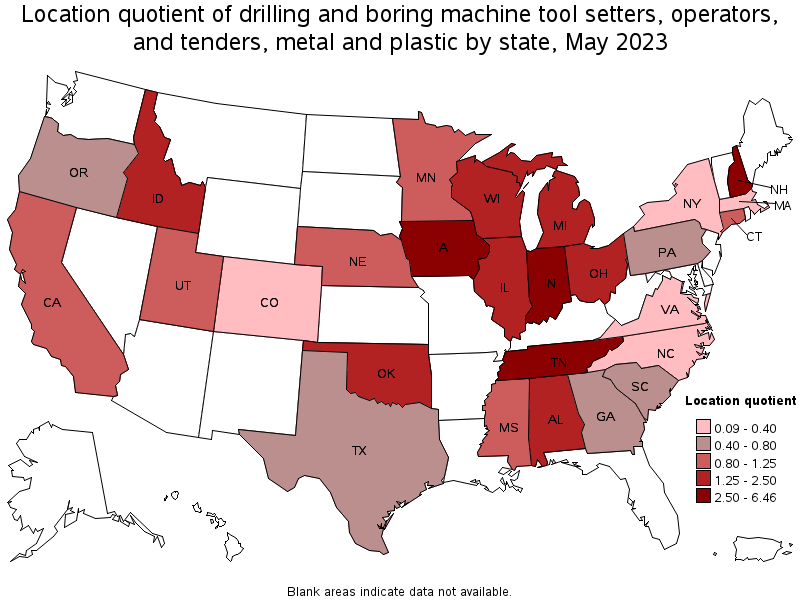 Map of location quotient of drilling and boring machine tool setters, operators, and tenders, metal and plastic by state, May 2021