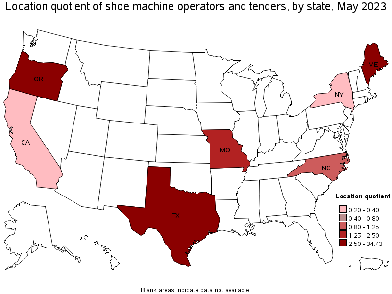 Map of location quotient of shoe machine operators and tenders by state, May 2021