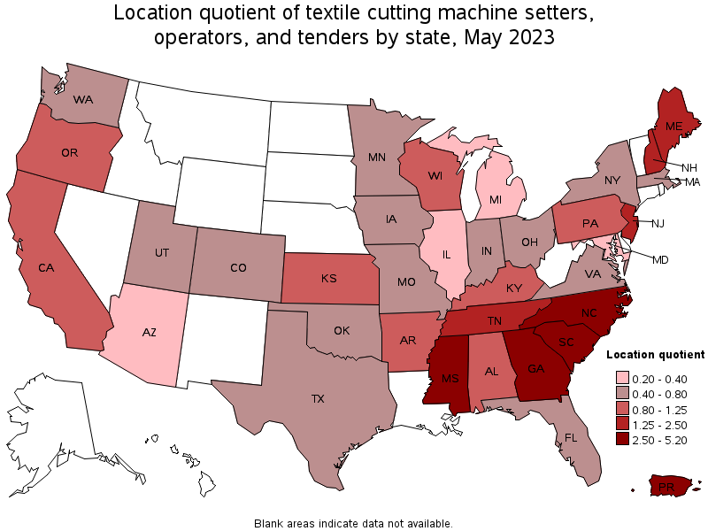 Map of location quotient of textile cutting machine setters, operators, and tenders by state, May 2022