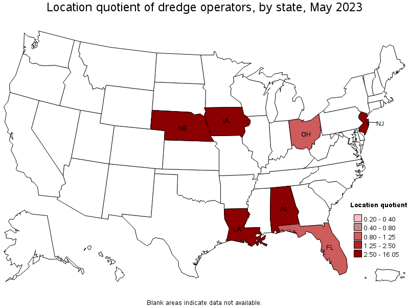 Map of location quotient of dredge operators by state, May 2021
