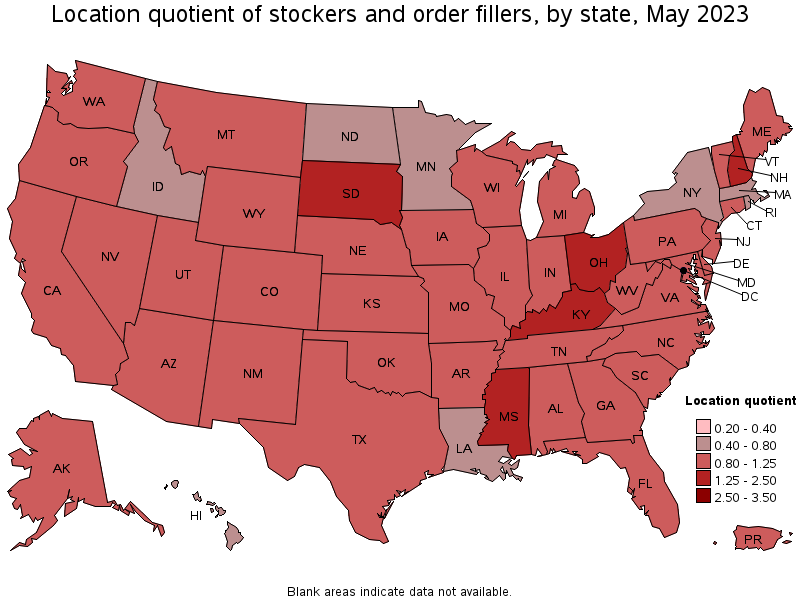 Map of location quotient of stockers and order fillers by state, May 2021