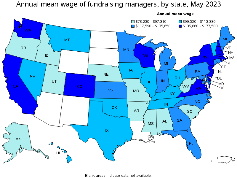 Map of annual mean wages of fundraising managers by state, May 2022