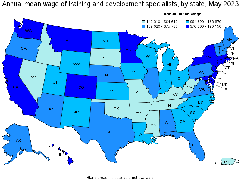 Map of annual mean wages of training and development specialists by state, May 2022