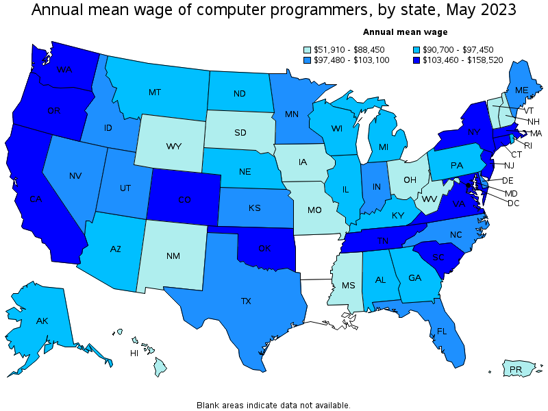 Map of annual mean wages of computer programmers by state, May 2022