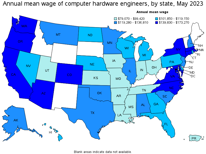 Map of annual mean wages of computer hardware engineers by state, May 2021