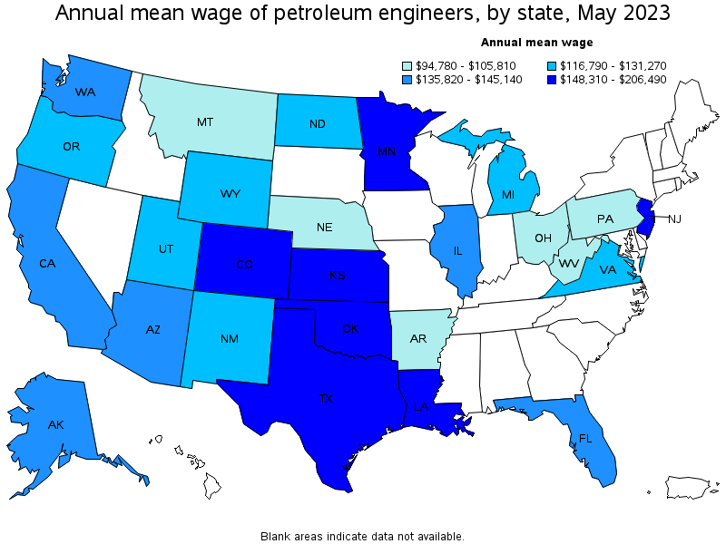 Map of annual mean wages of petroleum engineers by state, May 2021