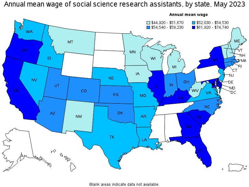 Map of annual mean wages of social science research assistants by state, May 2022