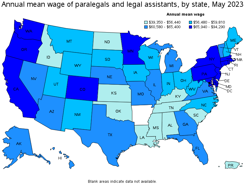 Map of annual mean wages of paralegals and legal assistants by state, May 2021