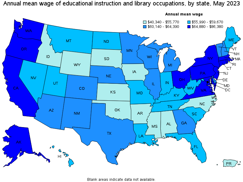 Map of annual mean wages of educational instruction and library occupations by state, May 2021