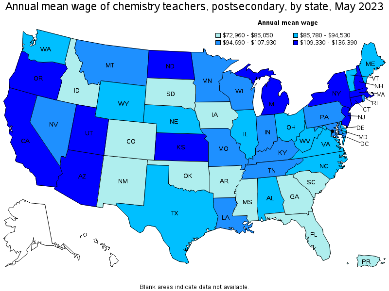 Map of annual mean wages of chemistry teachers, postsecondary by state, May 2022