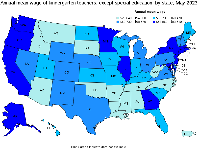 Map of annual mean wages of kindergarten teachers, except special education by state, May 2021
