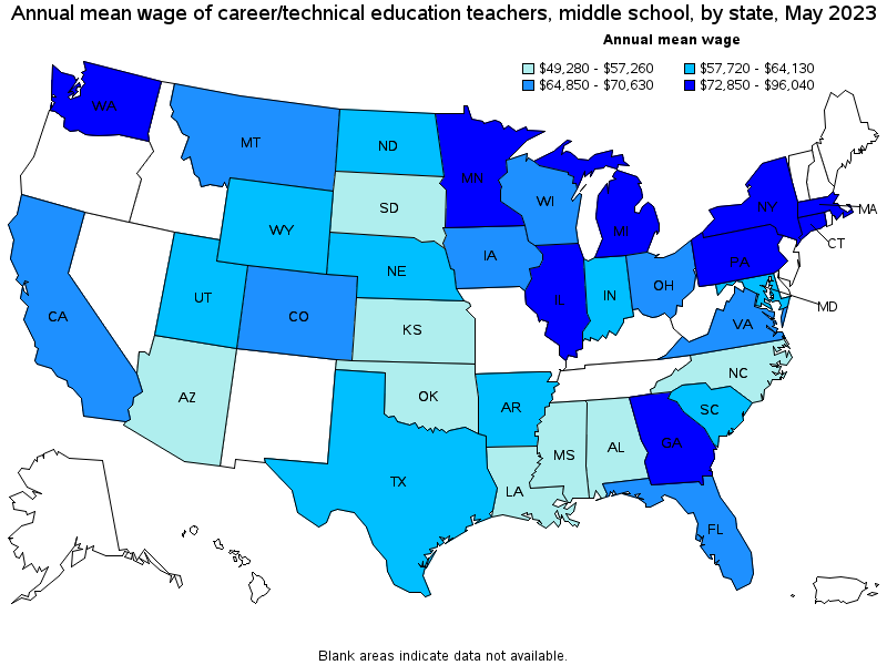 Map of annual mean wages of career/technical education teachers, middle school by state, May 2022