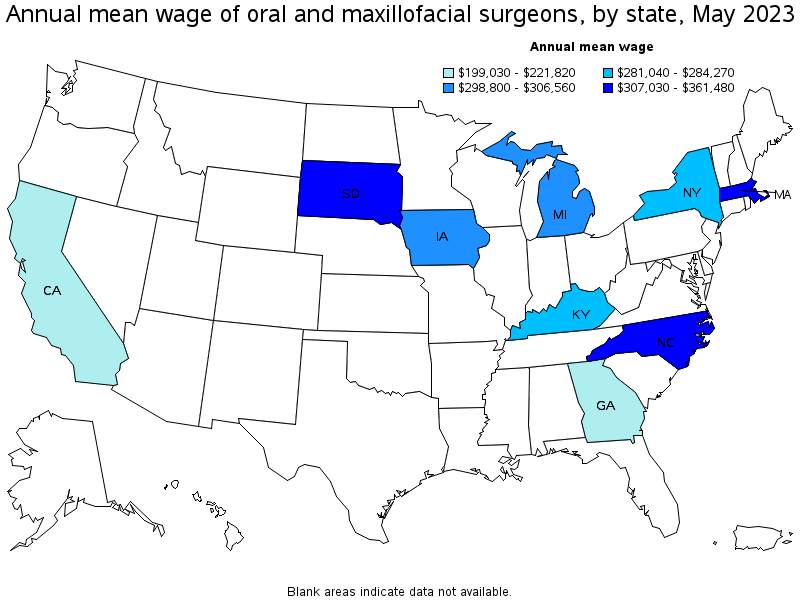 Map of annual mean wages of oral and maxillofacial surgeons by state, May 2021
