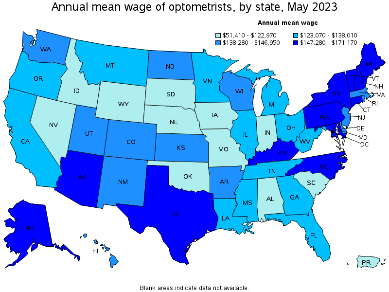 Map of annual mean wages of optometrists by state, May 2021