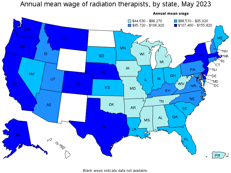 Map of annual mean wages of radiation therapists by state, May 2021
