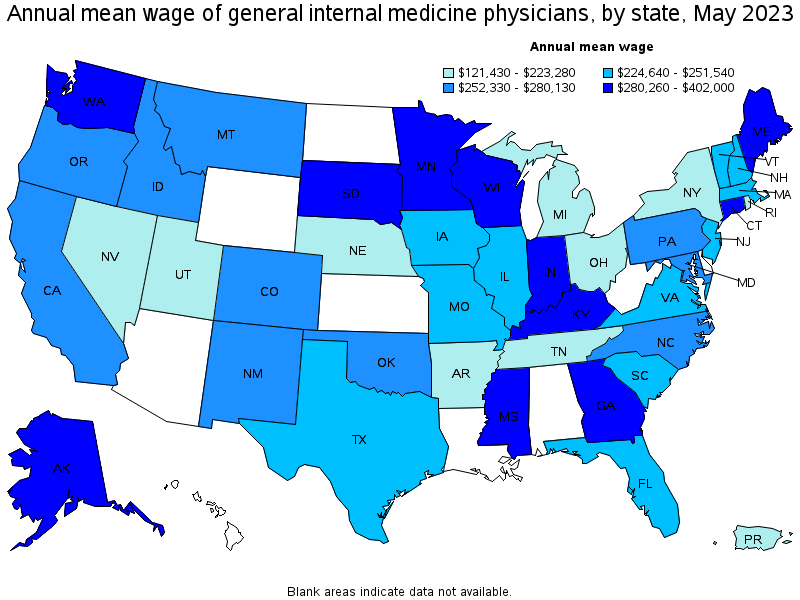 Map of annual mean wages of general internal medicine physicians by state, May 2021