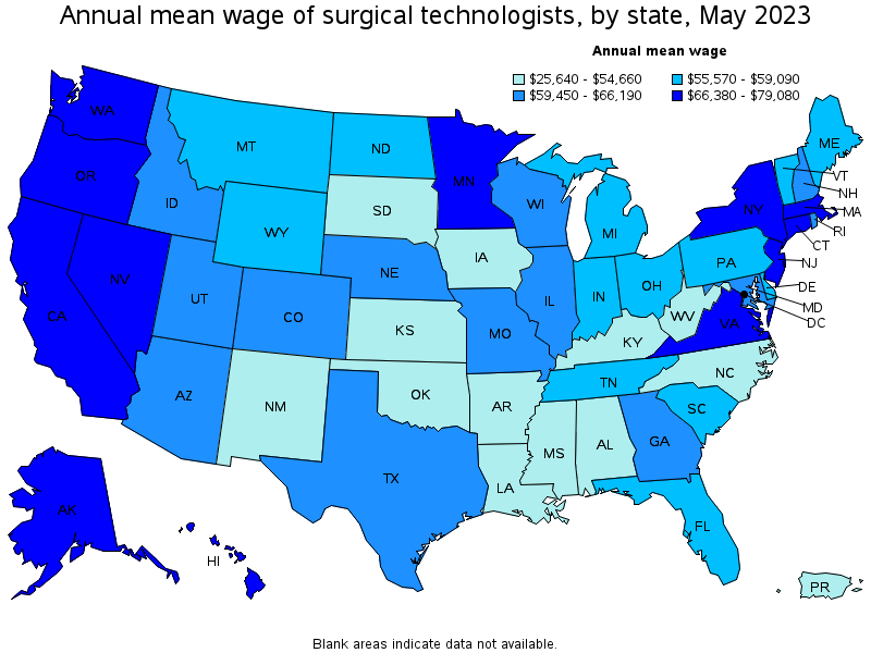 Map of annual mean wages of surgical technologists by state, May 2022
