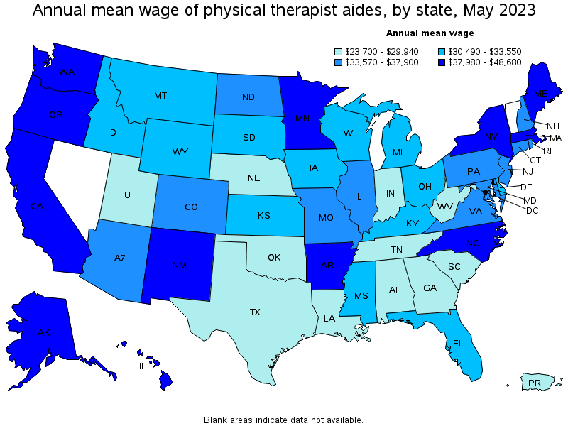 Map of annual mean wages of physical therapist aides by state, May 2021
