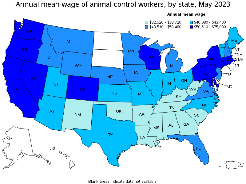 Map of annual mean wages of animal control workers by state, May 2022