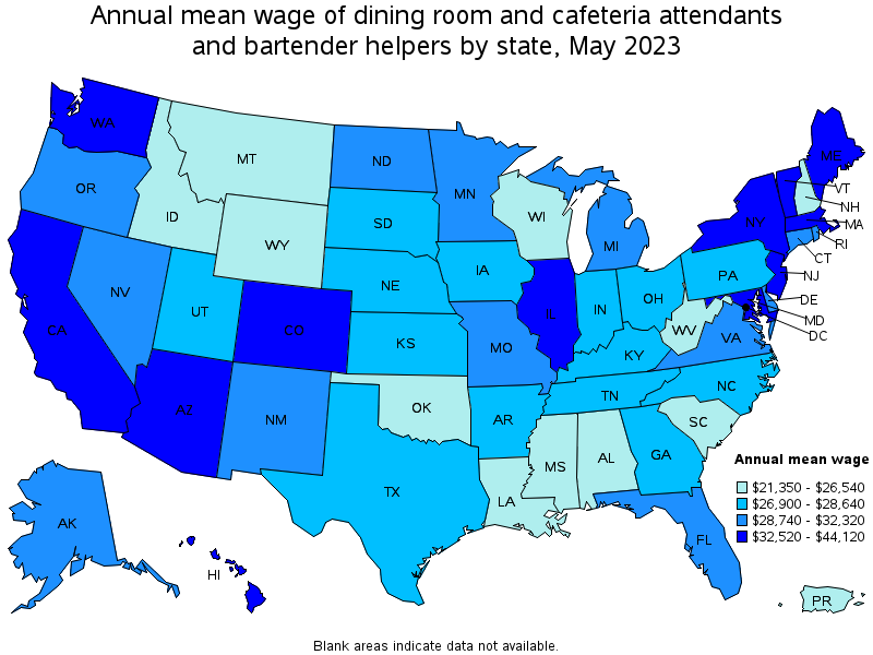 Map of annual mean wages of dining room and cafeteria attendants and bartender helpers by state, May 2022