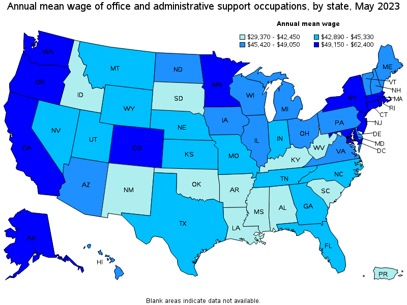 Map of annual mean wages of office and administrative support occupations by state, May 2021
