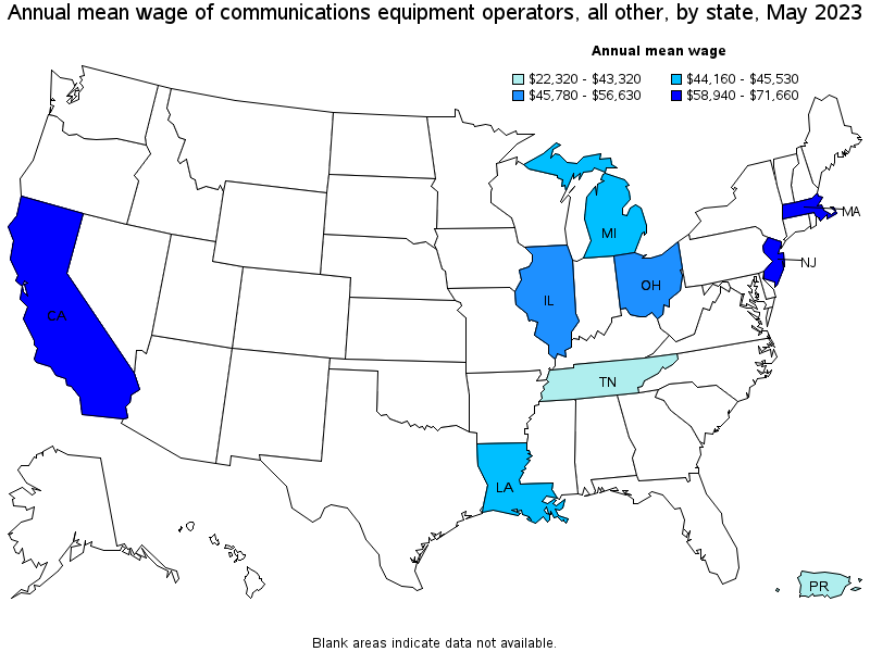 Map of annual mean wages of communications equipment operators, all other by state, May 2021