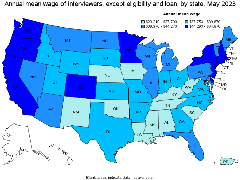 Map of annual mean wages of interviewers, except eligibility and loan by state, May 2022