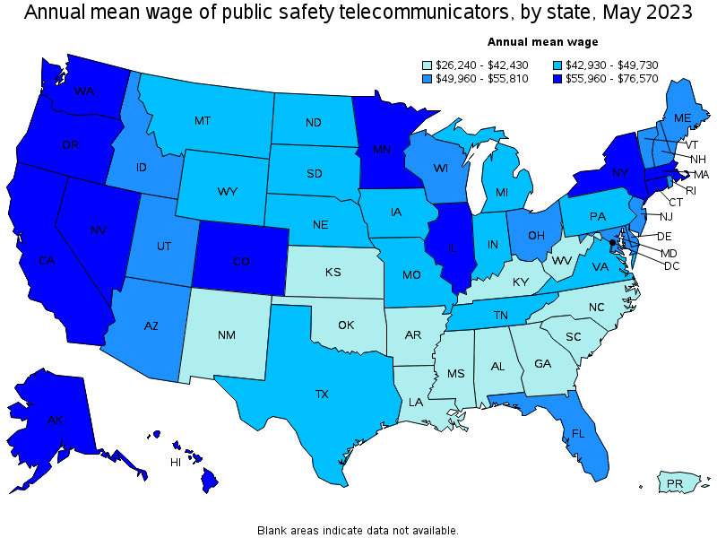 Map of annual mean wages of public safety telecommunicators by state, May 2022