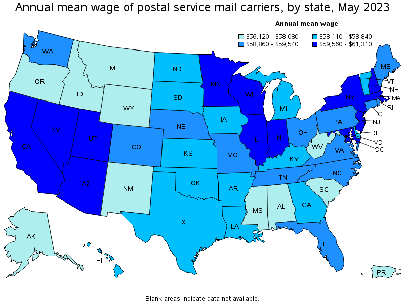 Map of annual mean wages of postal service mail carriers by state, May 2021