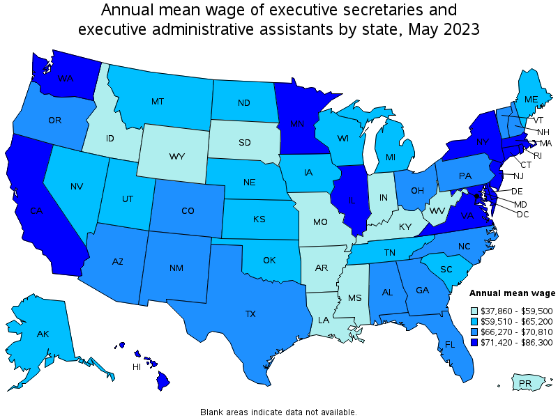 Map of annual mean wages of executive secretaries and executive administrative assistants by state, May 2022