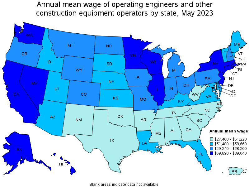 Map of annual mean wages of operating engineers and other construction equipment operators by state, May 2021