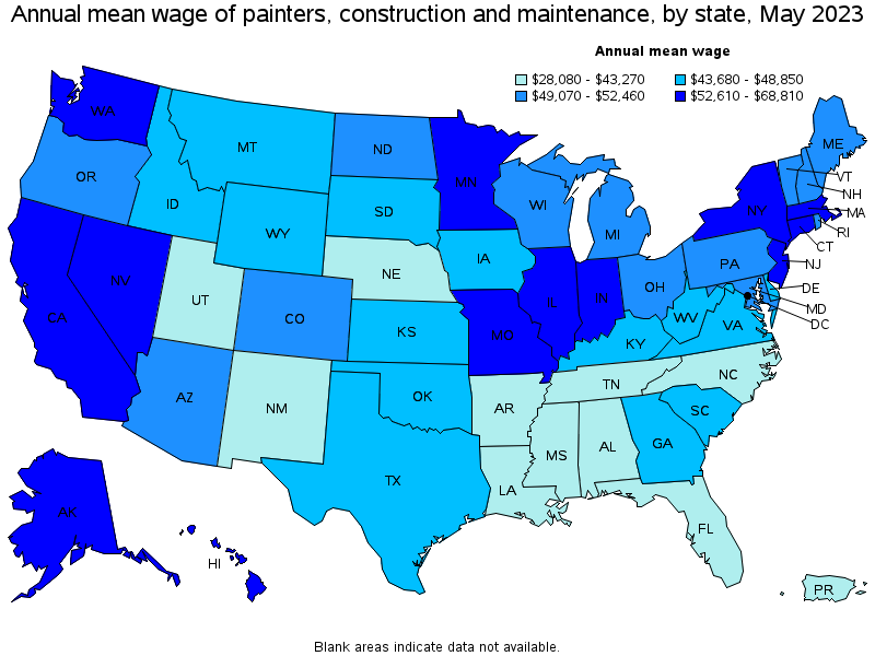 Map of annual mean wages of painters, construction and maintenance by state, May 2021