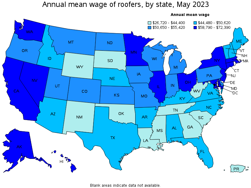 Map of annual mean wages of roofers by state, May 2022