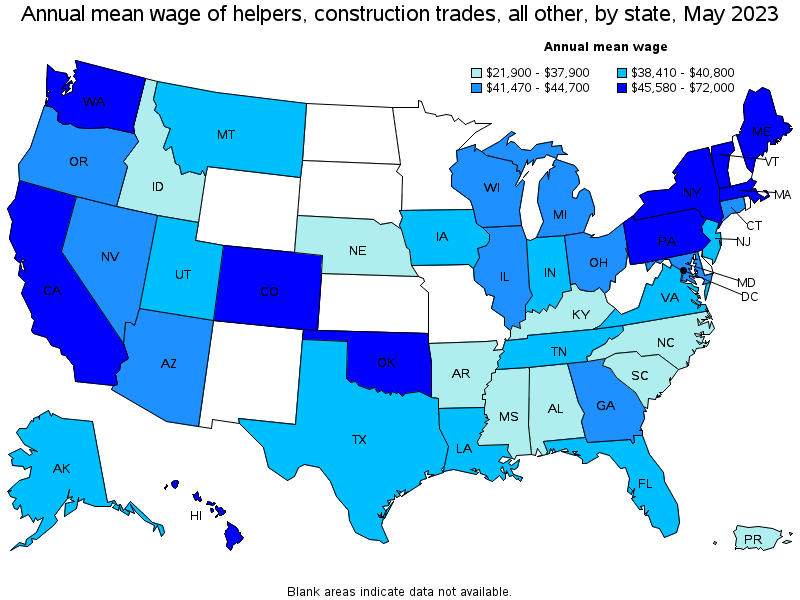 Map of annual mean wages of helpers, construction trades, all other by state, May 2021