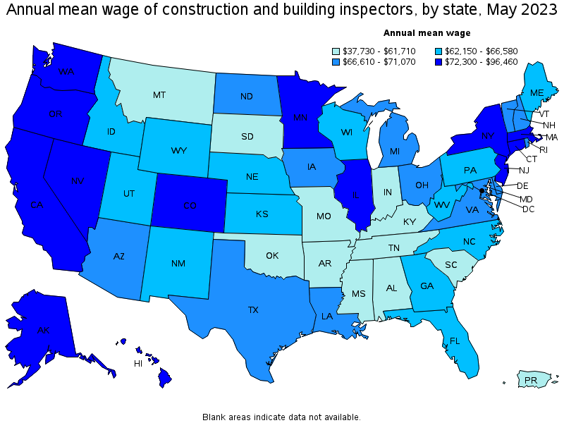 Map of annual mean wages of construction and building inspectors by state, May 2021