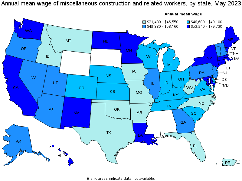 Map of annual mean wages of miscellaneous construction and related workers by state, May 2021