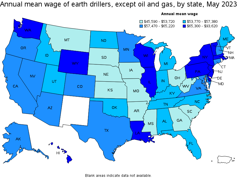 Map of annual mean wages of earth drillers, except oil and gas by state, May 2022