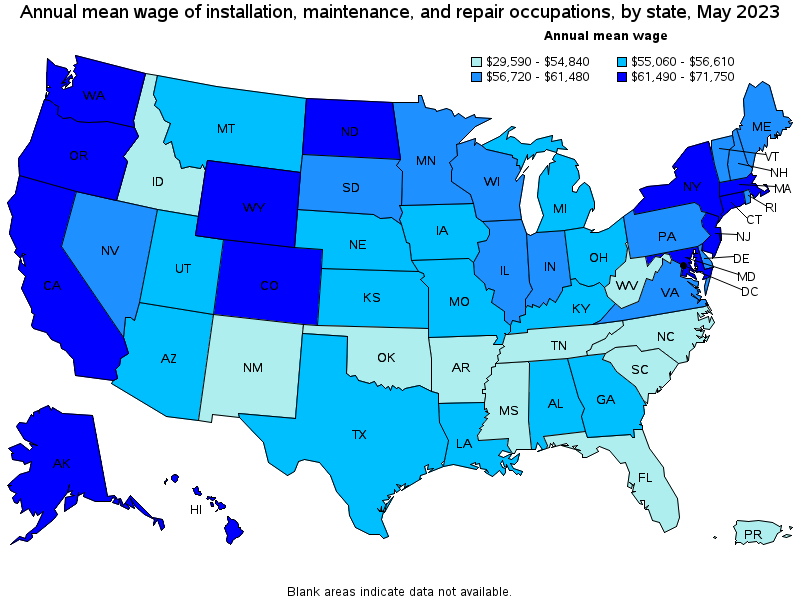 Map of annual mean wages of installation, maintenance, and repair occupations by state, May 2021