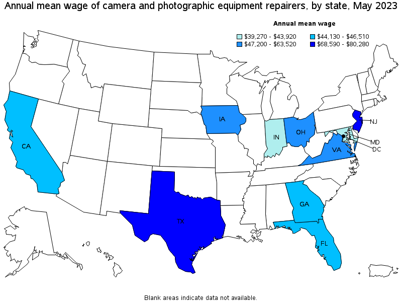 Map of annual mean wages of camera and photographic equipment repairers by state, May 2021