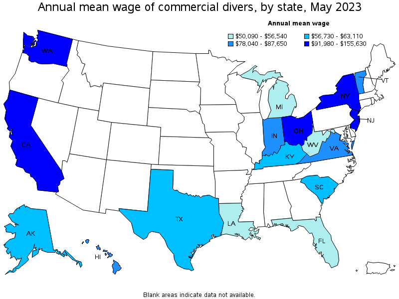 Map of annual mean wages of commercial divers by state, May 2022