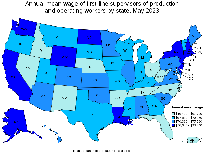 Map of annual mean wages of first-line supervisors of production and operating workers by state, May 2022