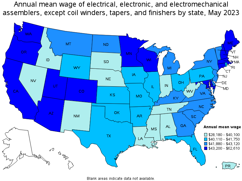 Map of annual mean wages of electrical, electronic, and electromechanical assemblers, except coil winders, tapers, and finishers by state, May 2021