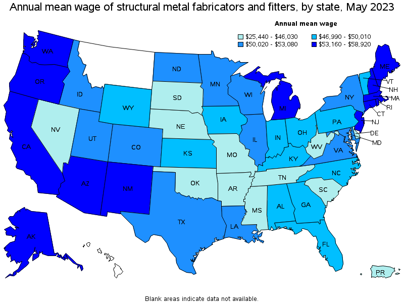 Map of annual mean wages of structural metal fabricators and fitters by state, May 2022