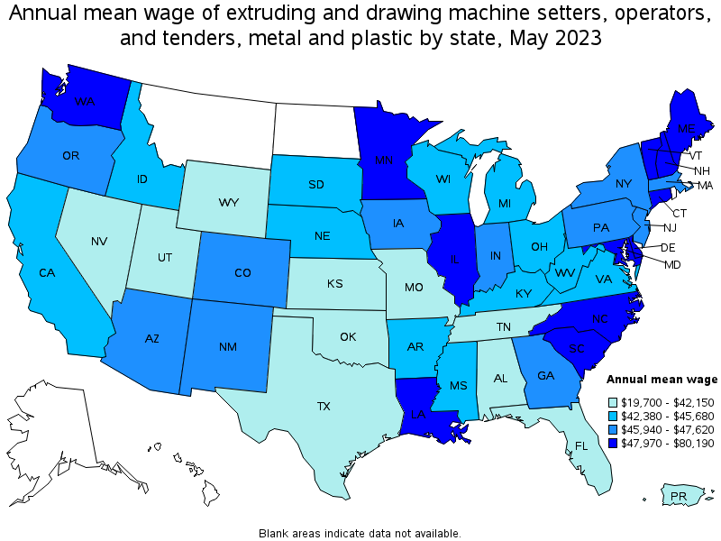 Map of annual mean wages of extruding and drawing machine setters, operators, and tenders, metal and plastic by state, May 2021