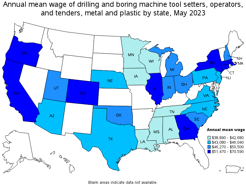 Map of annual mean wages of drilling and boring machine tool setters, operators, and tenders, metal and plastic by state, May 2021