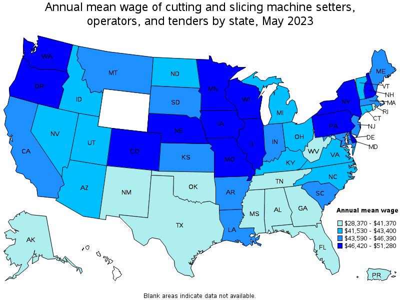 Map of annual mean wages of cutting and slicing machine setters, operators, and tenders by state, May 2021