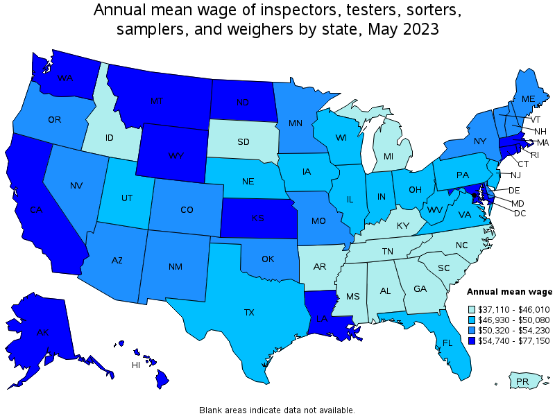 Map of annual mean wages of inspectors, testers, sorters, samplers, and weighers by state, May 2021