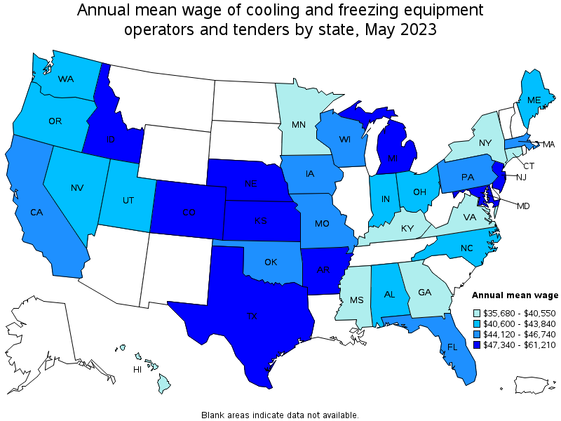 Map of annual mean wages of cooling and freezing equipment operators and tenders by state, May 2021