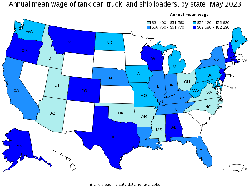 Map of annual mean wages of tank car, truck, and ship loaders by state, May 2021