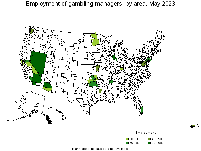 Map of employment of gambling managers by area, May 2022